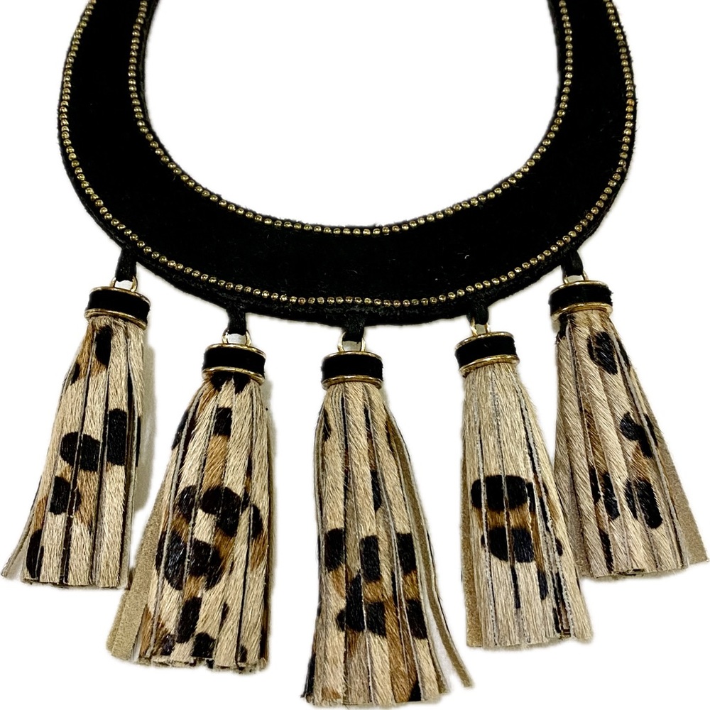 Leopard Genuine Printed Leather Tribal Bib Festival Necklace Collar with Tassels - Picture 3 of 5